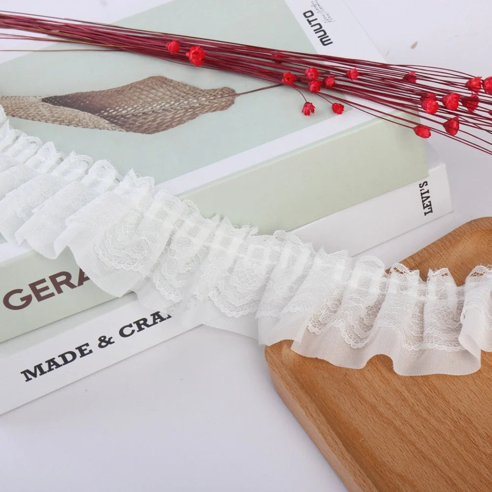 2yards 5cm Double-Layer Pleated Chiffon Lace Trim Clothing Wedding Accessories Decor Ribbon DIY Handmade Sewing Lace Trimmings