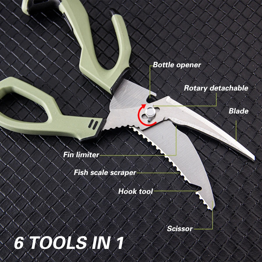 Multifunctional stainless steel detachable kitchen scissors, fishing scissors with fish bone remover, non-slip handle