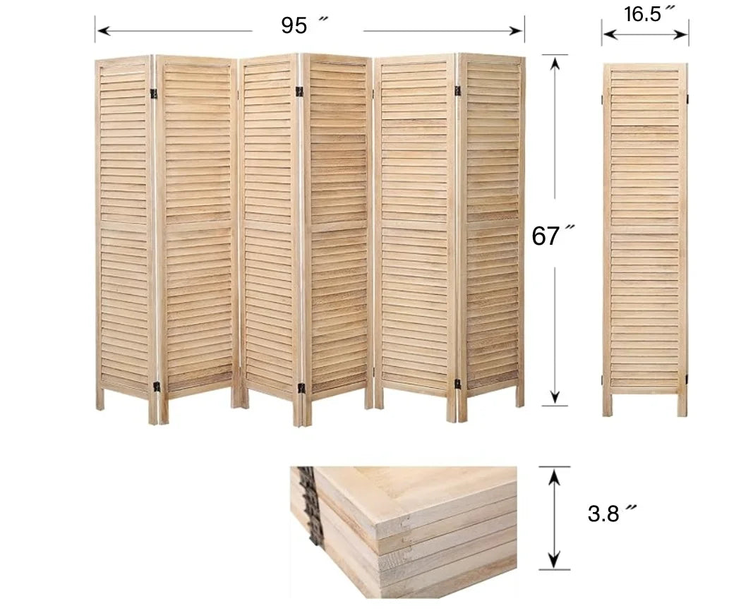 6 Panel Wood Room Divider, Folding Room Divider Privacy Screen, Freestanding Louvered Divider Screen for Home Office Restaurant