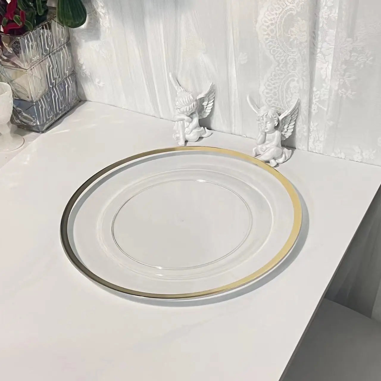 4PCS Plastic Charger Plates 13 Inch Round Dinner Chargers with Gold Rim for Dinner Plates Clear Service Plates for Birthday