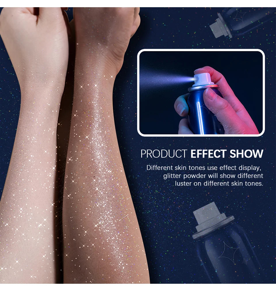 60ml Shiny Silver Glitter Spray High Gloss Glitter Powder Spray Waterproof Shiny Powder Makeup for Body Face Highlight Makeup