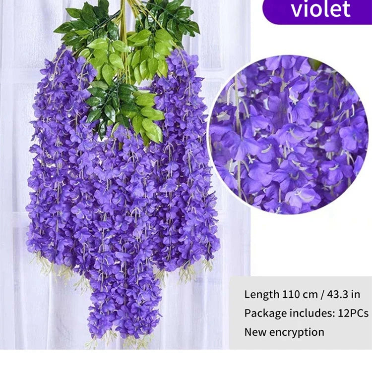 Artificial Wisteria Flower Hanging Garland, Rattan Fake Flower, String Flower, Wedding Party, Garden,  Home Wall Decor, 12PCS