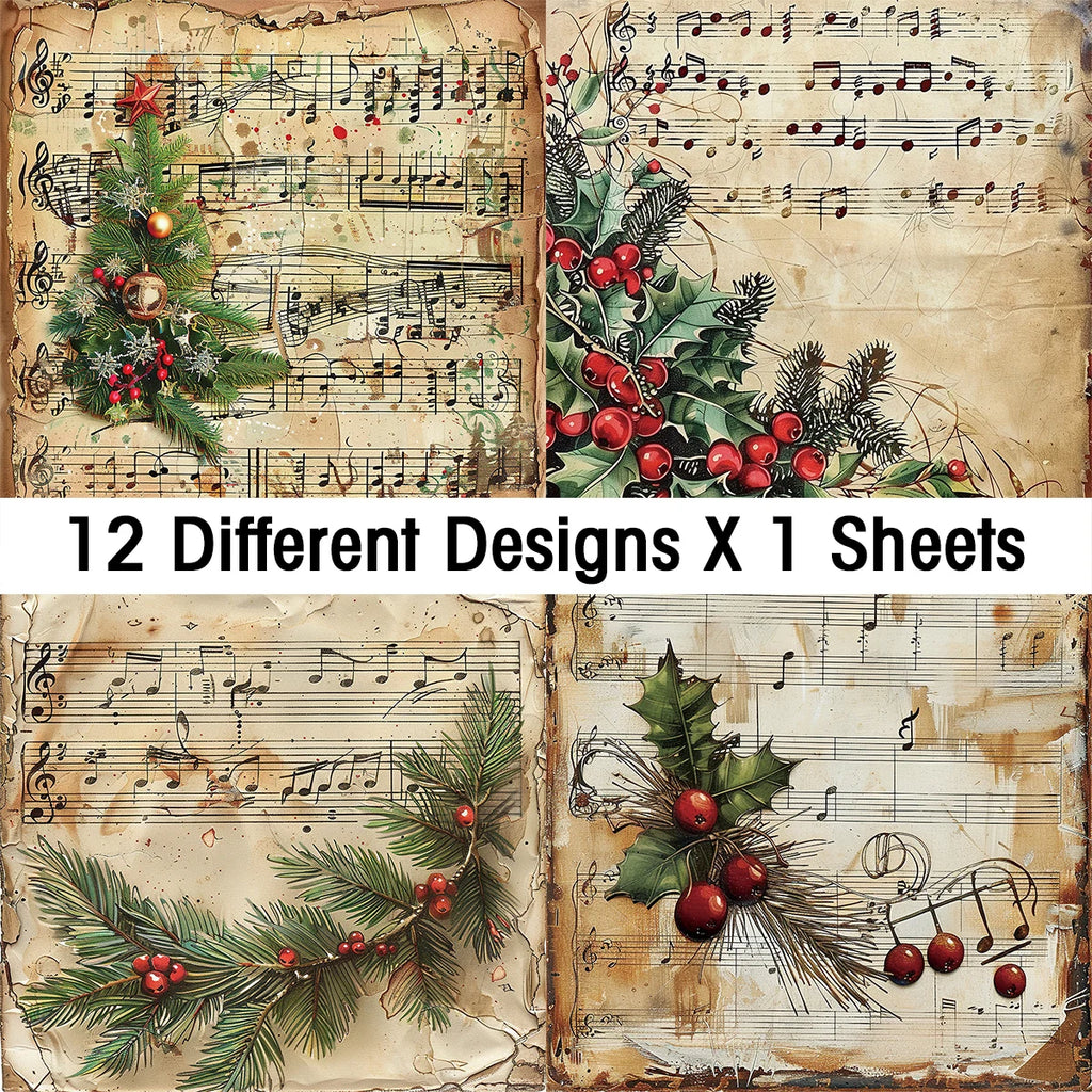 12pc Vintage Christmas Old Music Sheet Scrapbook Paper Set,Retro Christmas Collection Kit Paper for Junk Journal DIY Card Making