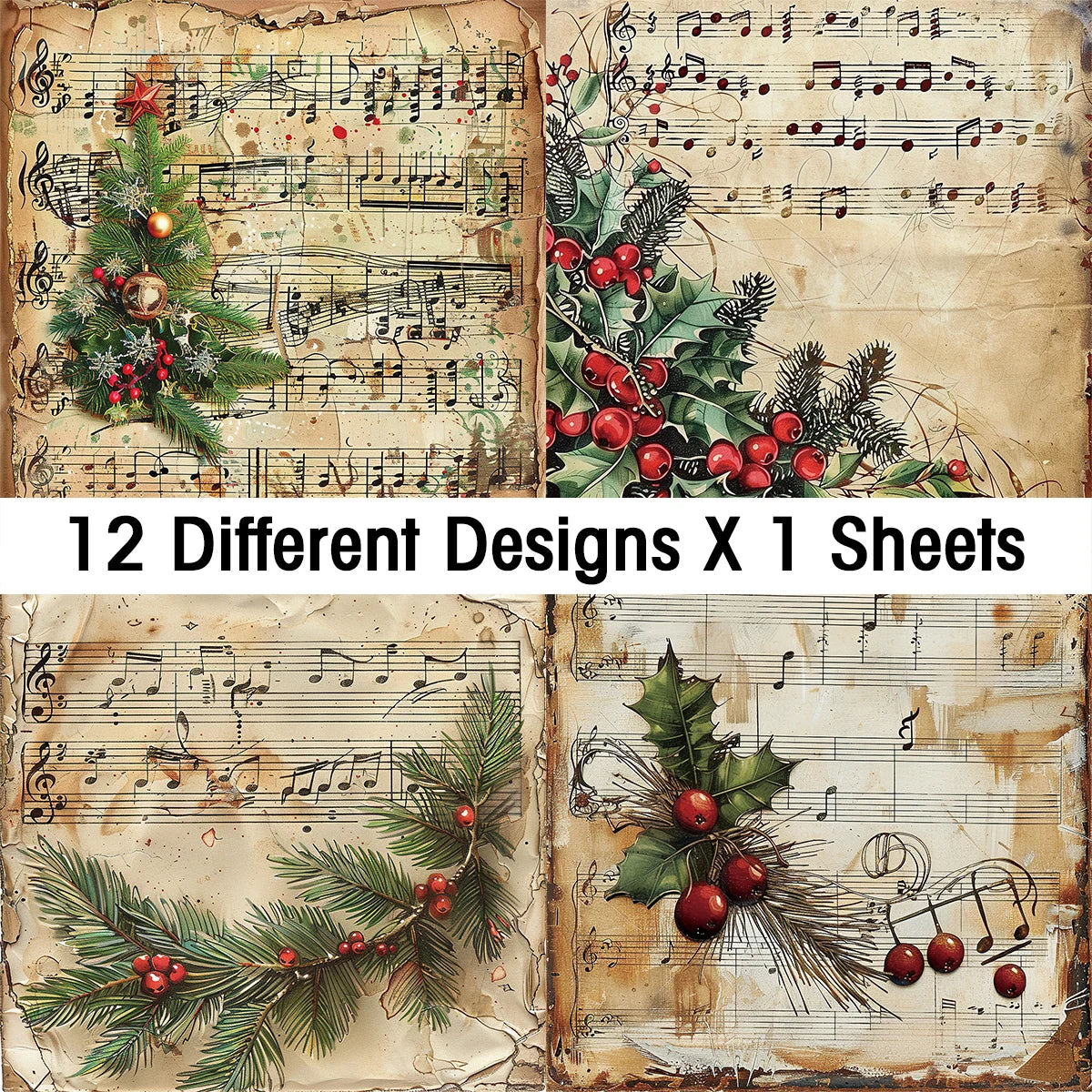 12pc Vintage Christmas Old Music Sheet Scrapbook Paper Set,Retro Christmas Collection Kit Paper for Junk Journal DIY Card Making