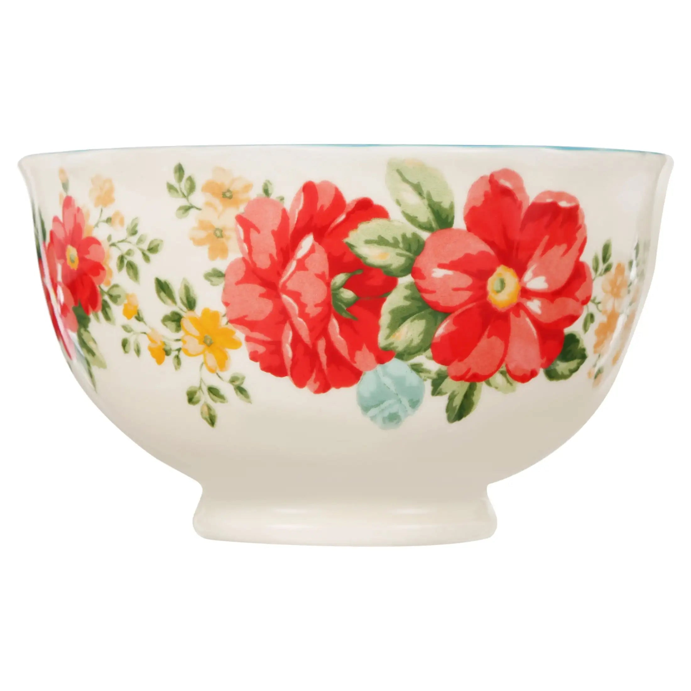 Vintage Floral Teal Footed Bowls, 4-Piece Stoneware Set | Microwave & Dishwasher Safe, Mix & Match Collection