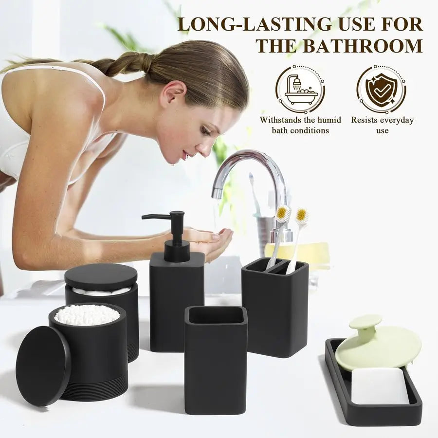 Accessories Set, 6 Piece Bathroom Set with Toothbrush Holders, Soap Dispenser, Vanity Tray, Tumbler, Cotton Swab Jars, Bathroom