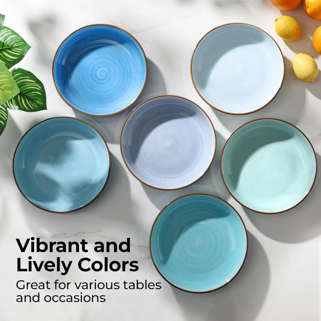 8.5'' Ceramic Pasta Bowls Set of 6, 30 oz Shallow Salad & Soup Bowls, Microwave & Dishwasher Safe Dinnerware in Gradient Blue