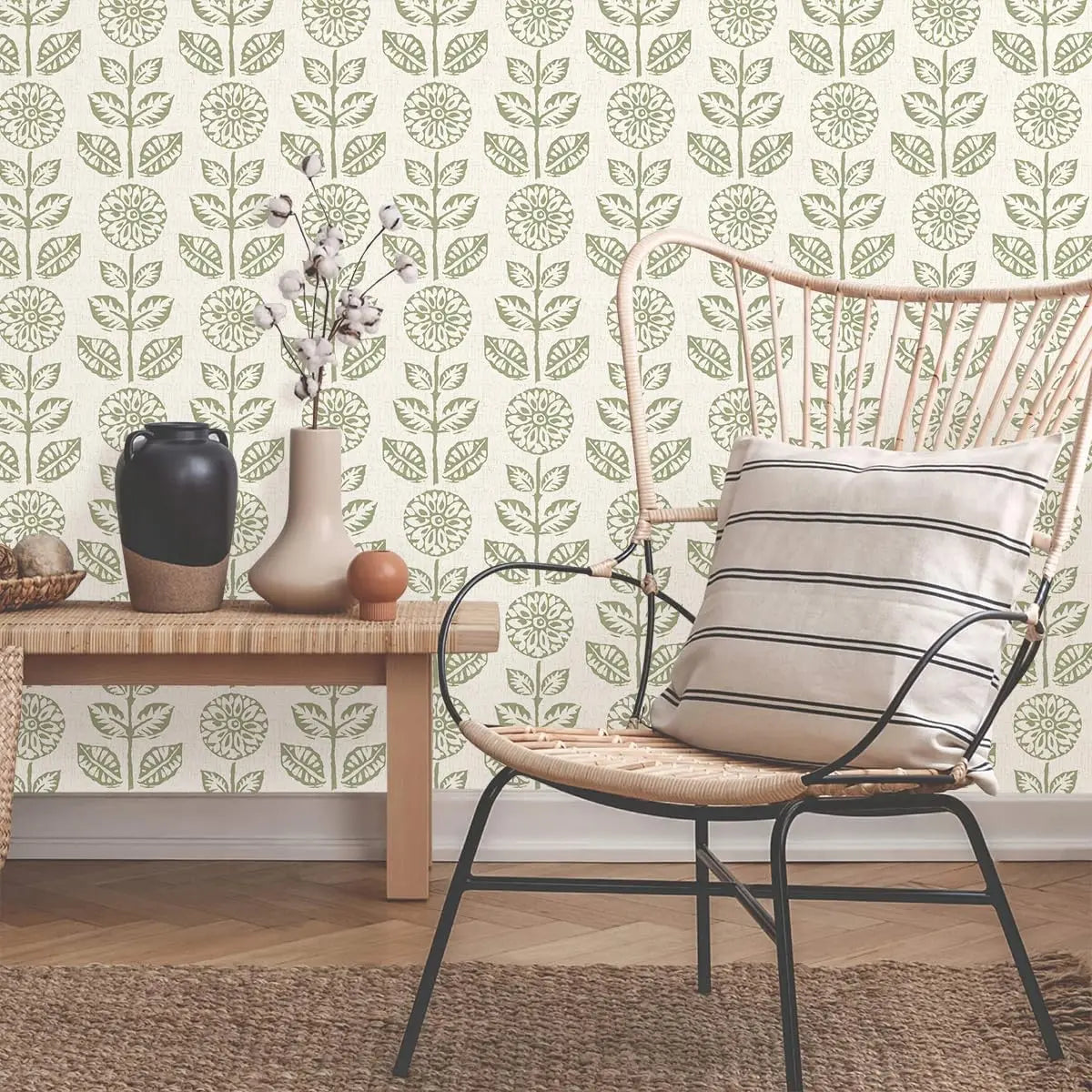 Vintage Floral Peel and Stick Wallpaper, Beige Tulip Pattern, Self-Adhesive Waterproof for Bathroom Bedroom Decor