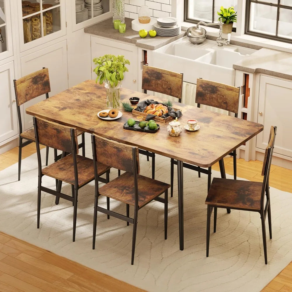 63” Extendable Dining Table Set for 4-6 People, 7-Piece Dining Table Set for 6 People with 6 Chairs, MDF Wood Board Kitchen Tabl