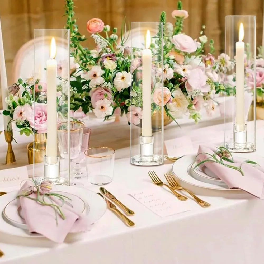 Large Clear Glass Hurricane Candle Holders, 10 Pack Tall Cylinder Sleeves, Bulk Tapered Candlestick Holders for Home Decor