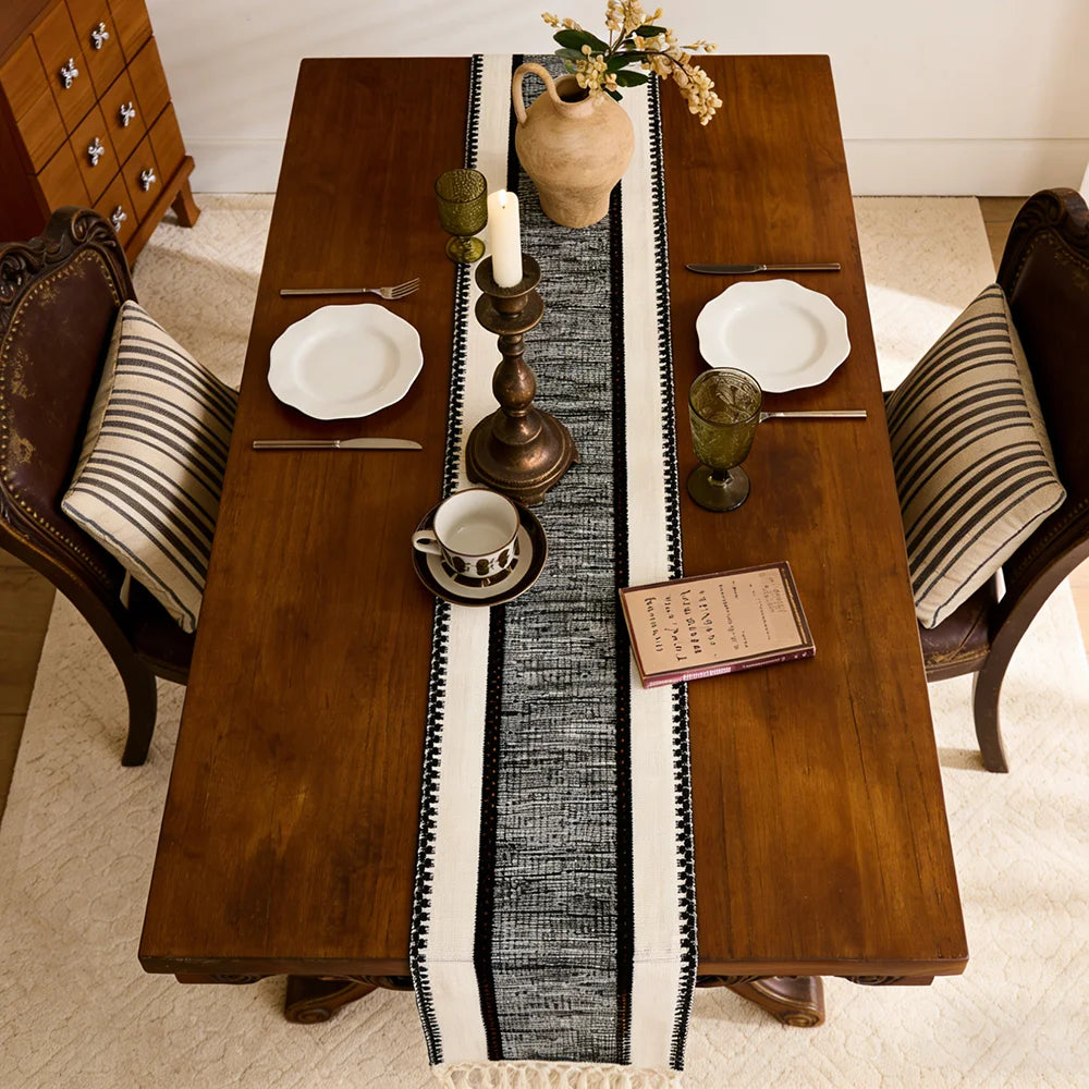 BLACK 72in Nordic Boho Table Runner Handwoven Fringe Spring Table Decor Coffee Table Cover Rustic Wedding Party Home Decor