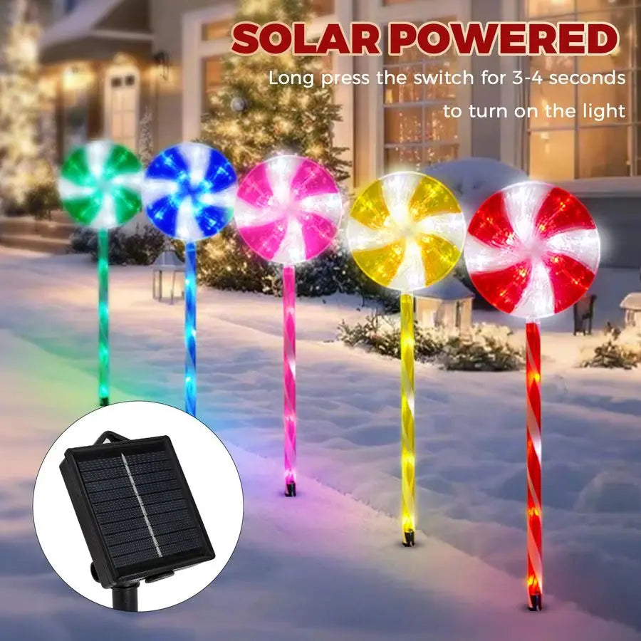 Christmas Decorations Solar Pathway Lights, Set of 5 Lollipops Peppermint Stake Lights, 8 Modes Candy Cane Walkside Lights, Outd