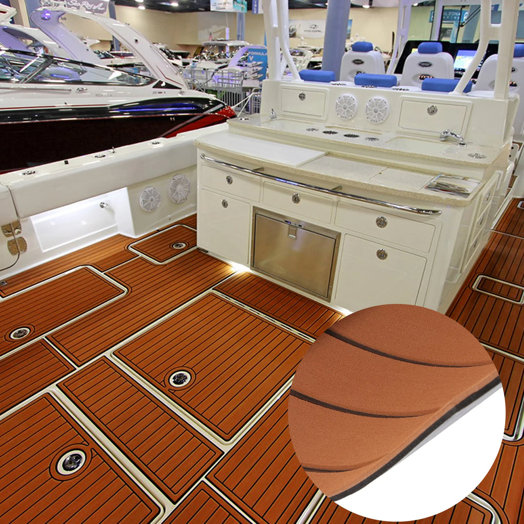 EVA Foam Teak Boat Decking Sheet Carpet Self-Adhesive Marine Yacht RV Boat Flooring Mats Decking Pad 94.5" x 35.4" Brown