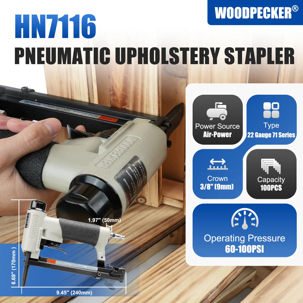 WOODPECKER HN7116 22Gauge 71 serise with Long Nose  Pneumatic StaplerUpholstery Staple Gun Tools for Woodworking