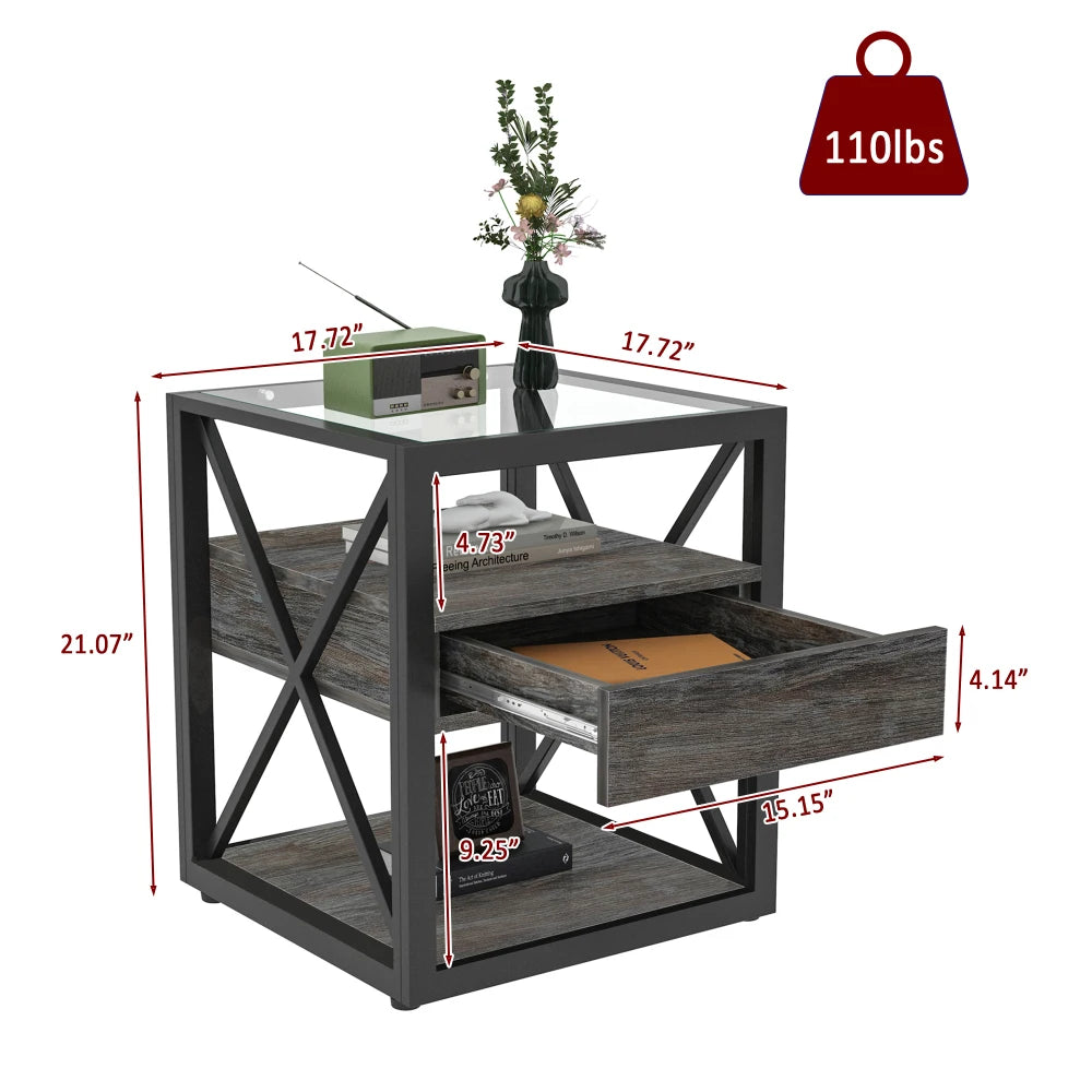 Modern coffee table for Bedroom & Living Room, Tempered Glass&Rustic Wood Grain MDF, Industrial Style coffee table