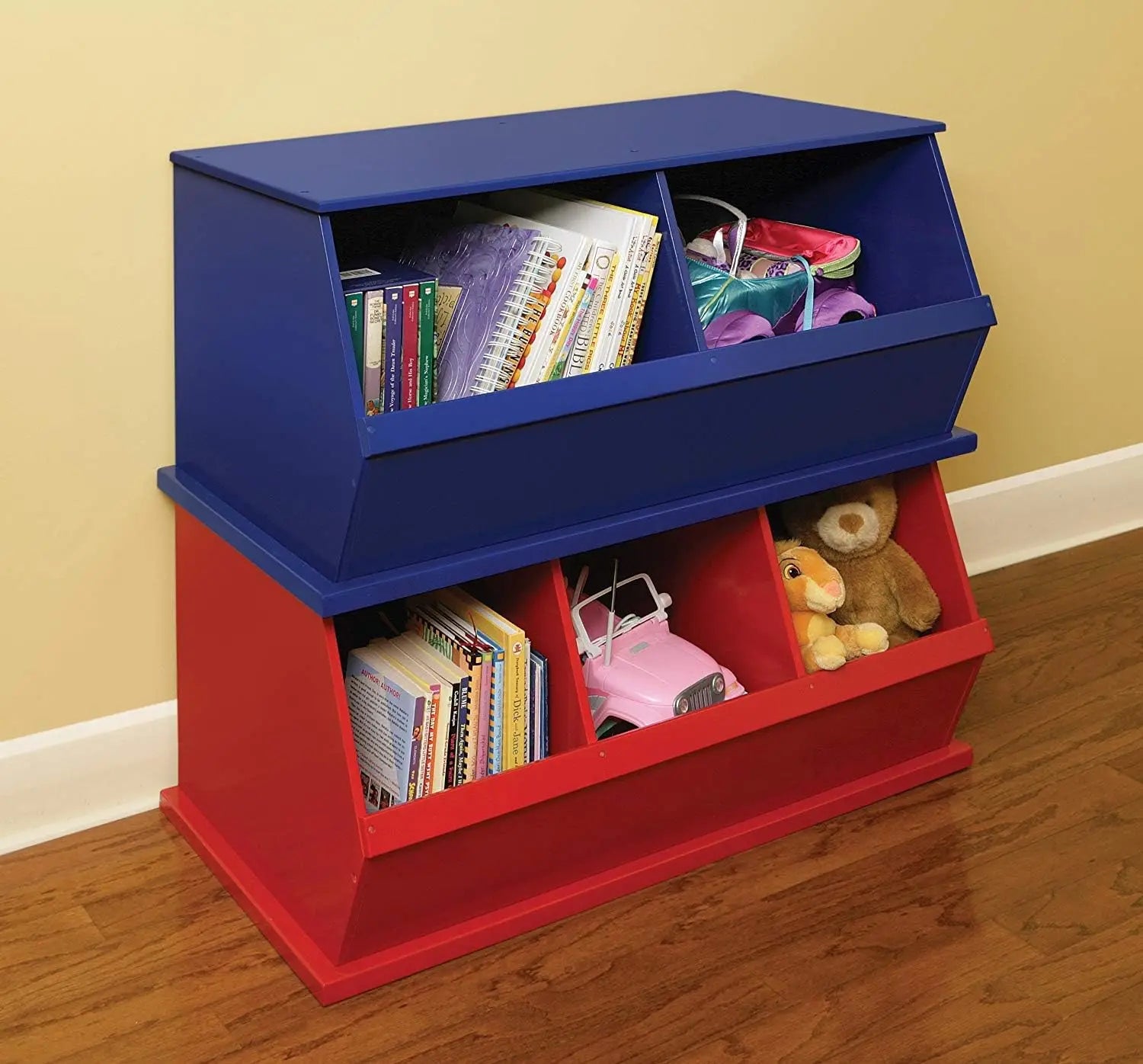 Stackable Toy Storage Organizer with Two Bins - Modular Wood Panel Design for Toys, Books & Crafts