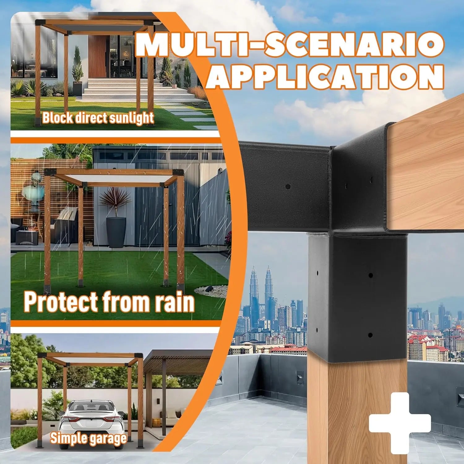 Pergola Brackets Kit (Actual 3.9''x3.9'') 4x4 Woodworks Pergola Kit with 3-Way Right Angle Corner Bracket and Base, Customized