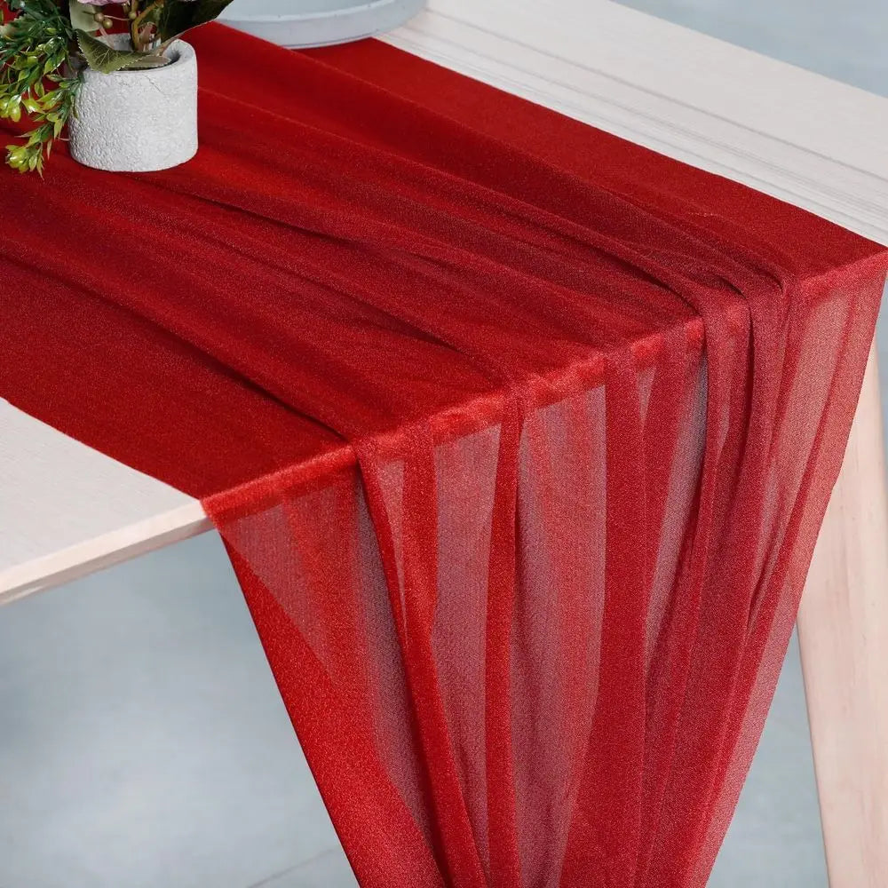 Red 10ft x 120in Shimmering Chiffon Table Runner Set of 5 for Weddings, Showers, Parties & Events