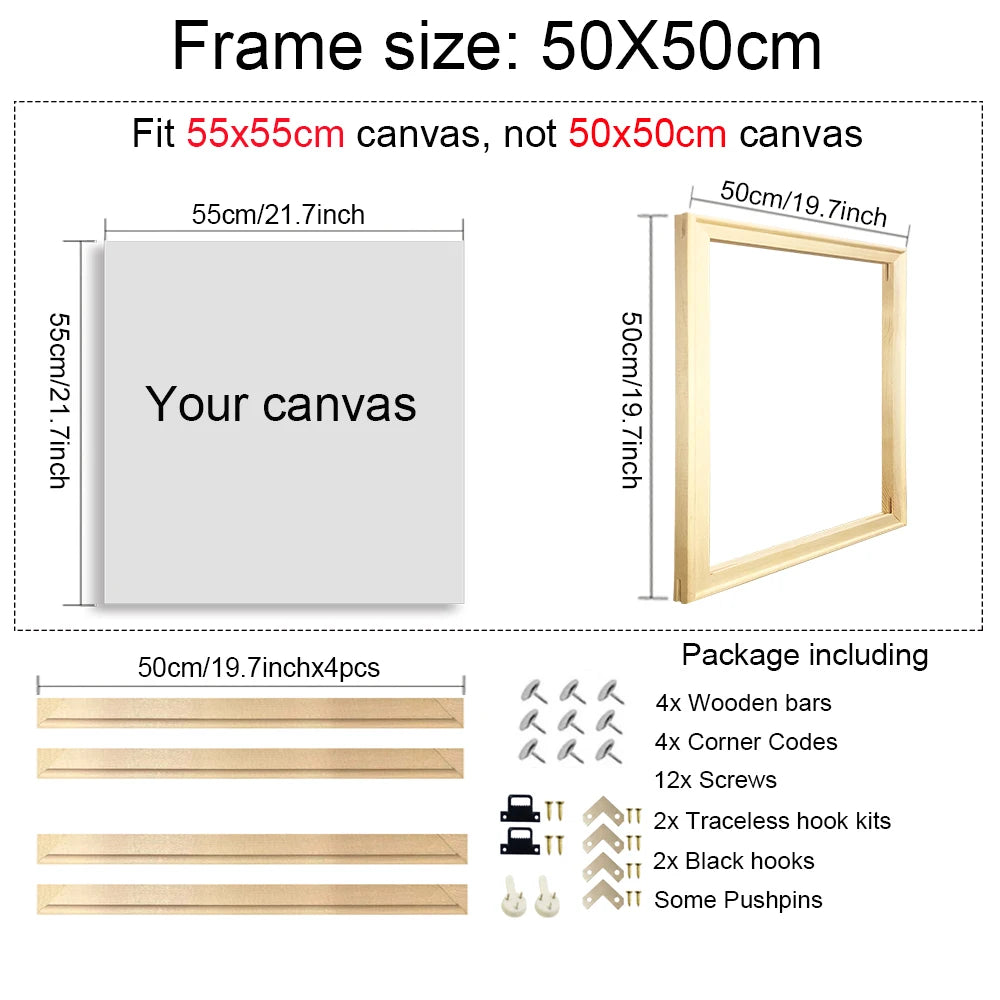 Square DIY Natural Wooden Pictures Frame For Wall Canvas 30X30 40X40 Frame Diamond Painting Large Size Picture Poster Wall Frame