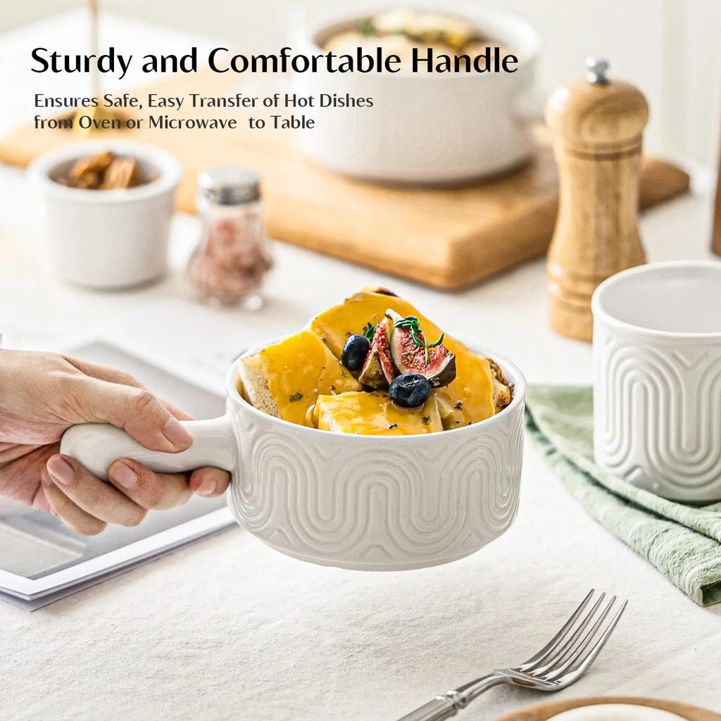 18oz French Onion Soup Bowls with Handles Set of 4 Ceramic Soup Crocks Ceramic Soup Bowl for Beef Stew Cereal Pot Pies Microwave