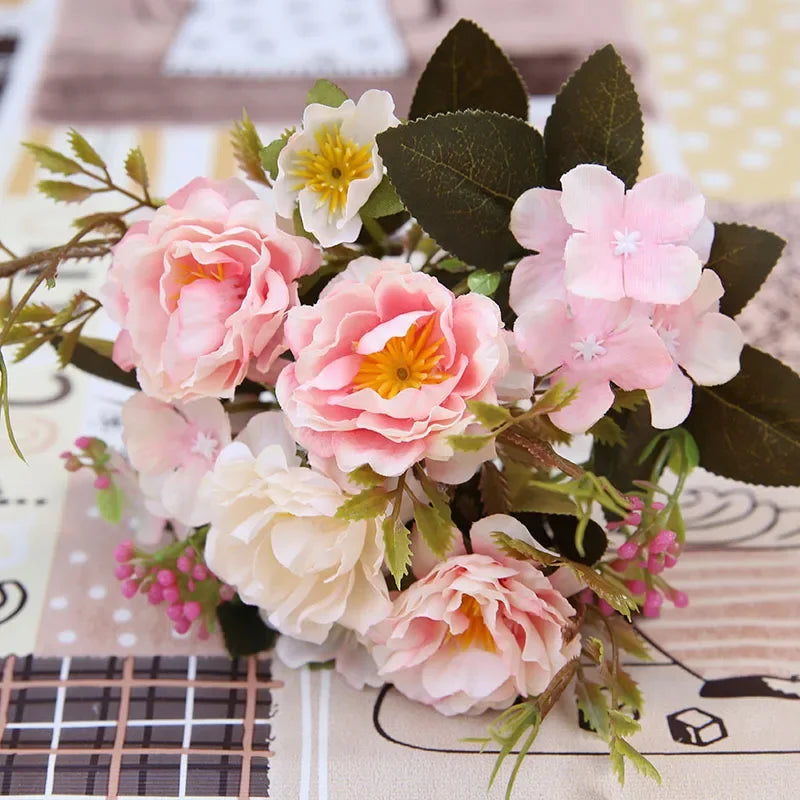 5 Forks 8 Heads Artificial Flowers Small Peony Bouquet Wedding Decorative Plants Wreaths Vases for Home Decoration Accessories
