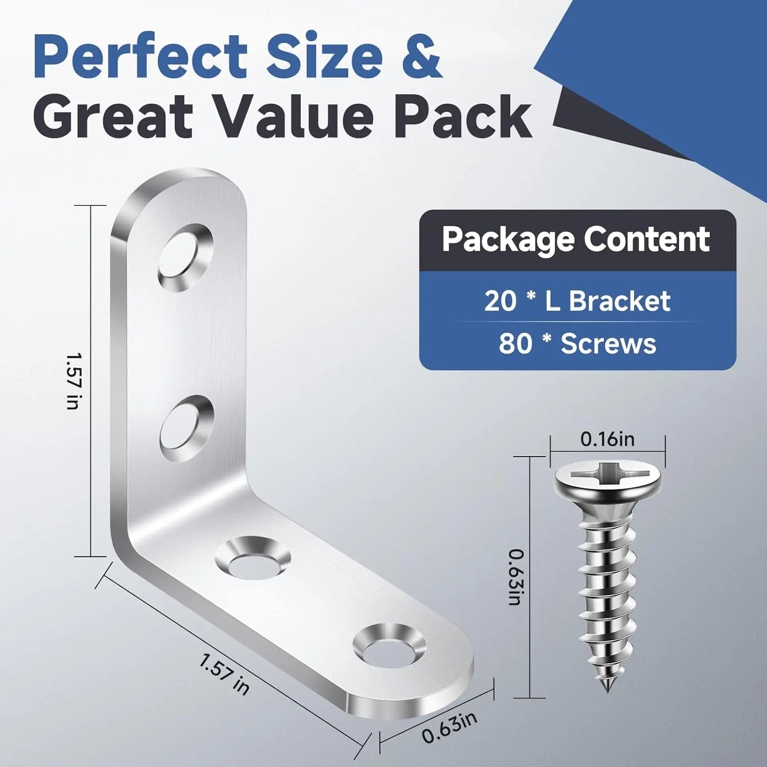 20PCS Stainless Steel L Brackets for Wood Shelves, 90 Degree Corner Brace with Screws, Furniture Cabinet Drawer Chair Support