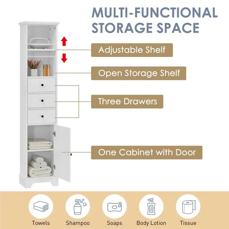 White Tall Bathroom Cabinet, Freestanding Storage Unit with 3 Drawers & Adjustable Shelf, MDF Board with Painted Finish for