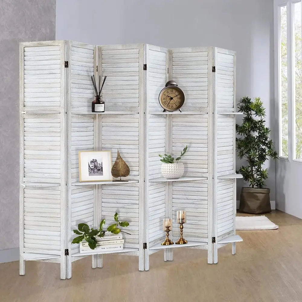6-Panel Wooden Folding Privacy Screen with Shelves, Portable Room Divider for Home and Office