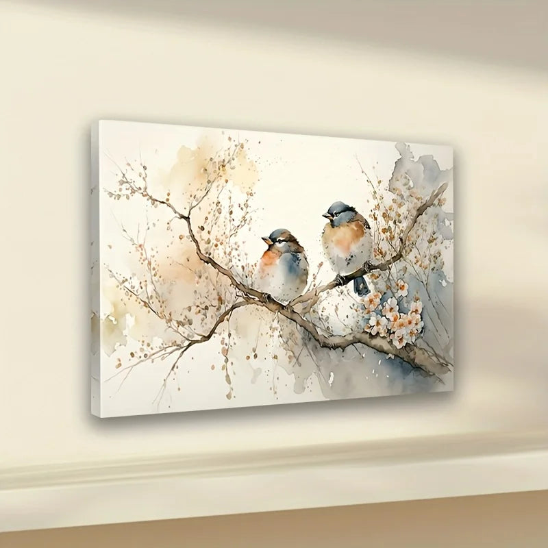 Framed colorful abstract birds and blooming tree watercolor canvas art, framed wall decoration, suitable for living room, bedroo
