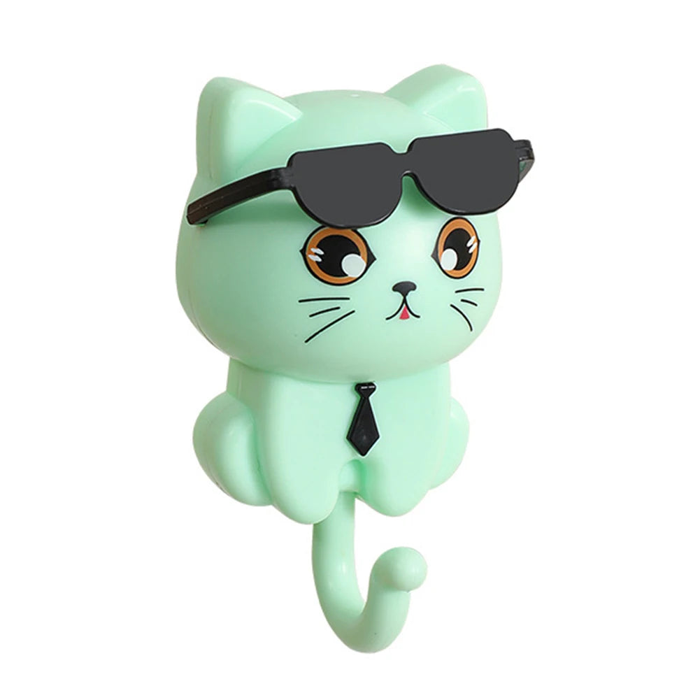 1-3Pcs Wall Key Holder Creative Cartoon Cat Hook Self Adhesive Wall-mounted Hooks with Sunglasses for Wall Decorative Hooks
