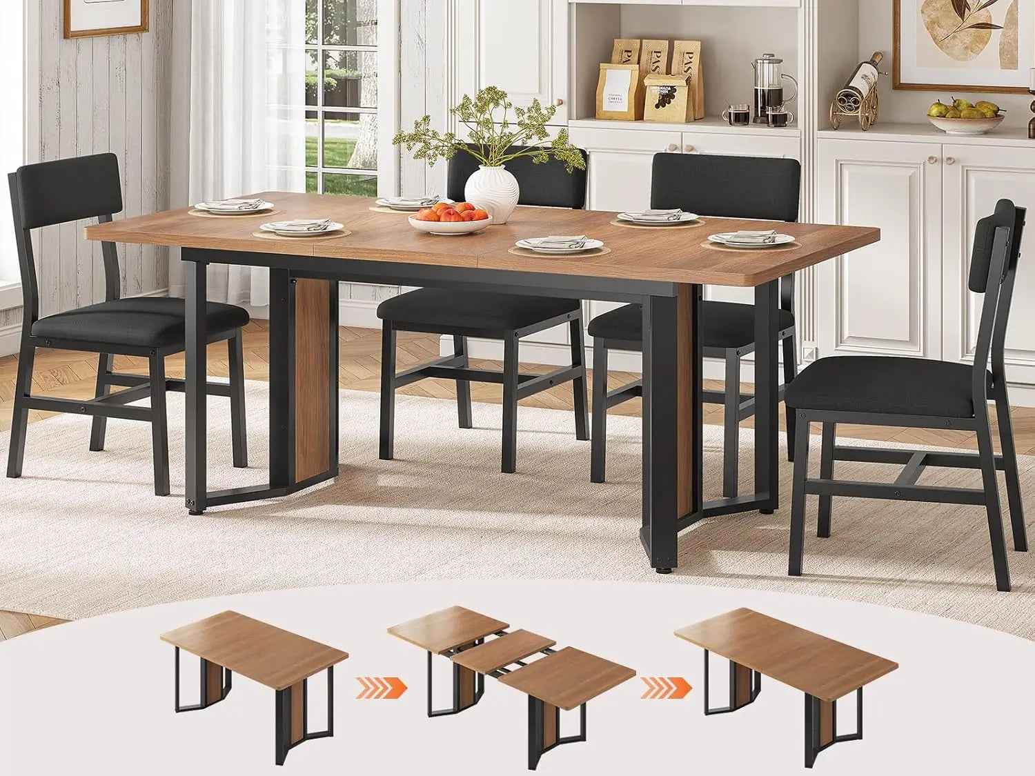 "4-6 Person Extendable Dining Table Set with 4 Cushioned Chairs and MDF Board"