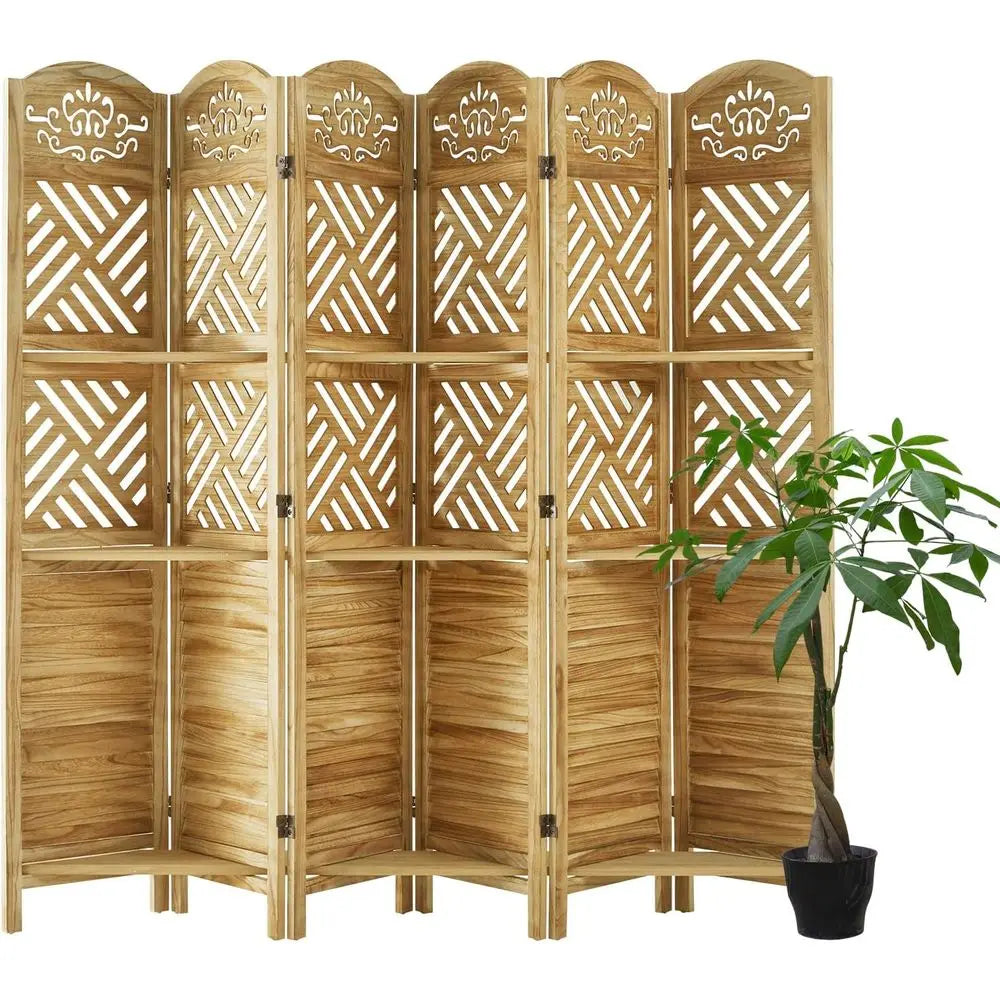 68.9 Natural Wood Carved Louvered 6-Panel Folding Room Divider with Shelves for Home Office