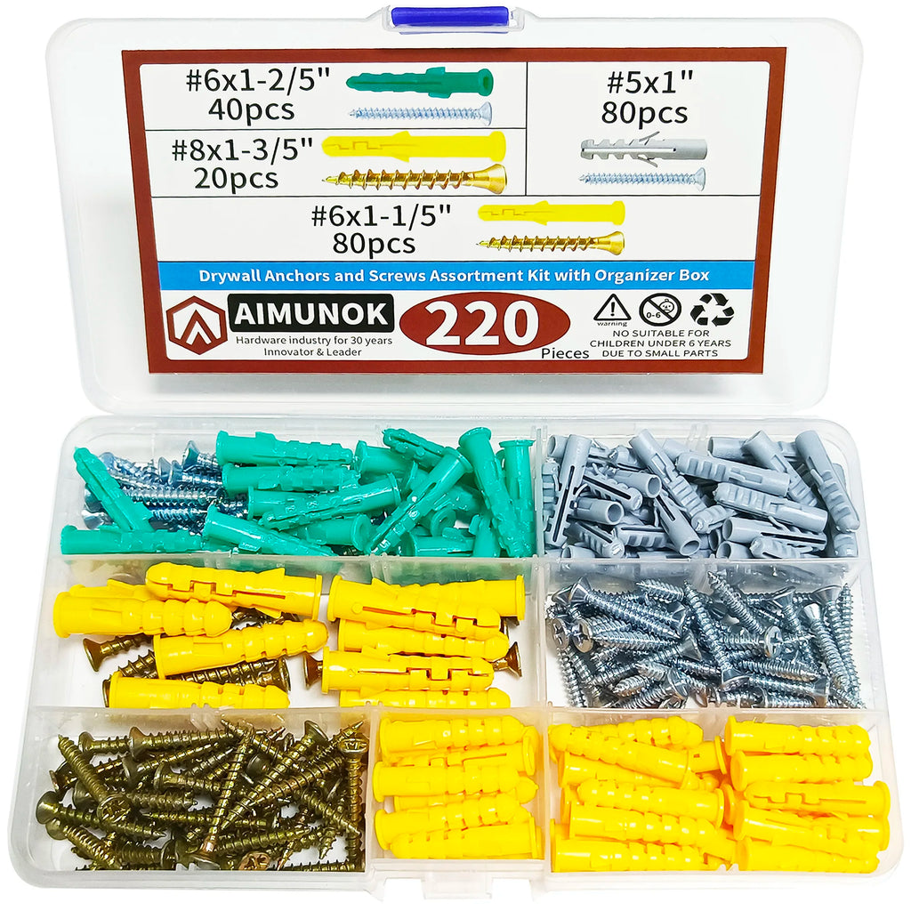 220pcs Drywall Anchors and Screws Assortment kit with Organizer Box Fasteners Tools #8x1-3/5'' #8x1-3/5'' #5x1''cessories