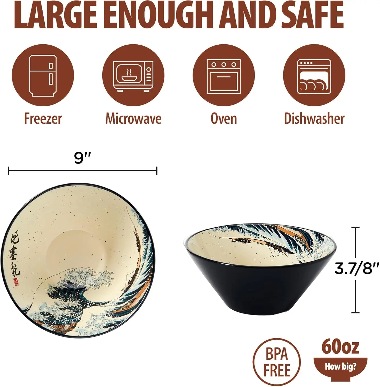 Large Ceramic Ramen Bowl Set with Great Wave Design, 60oz for Soups and Salads, Microwave Safe