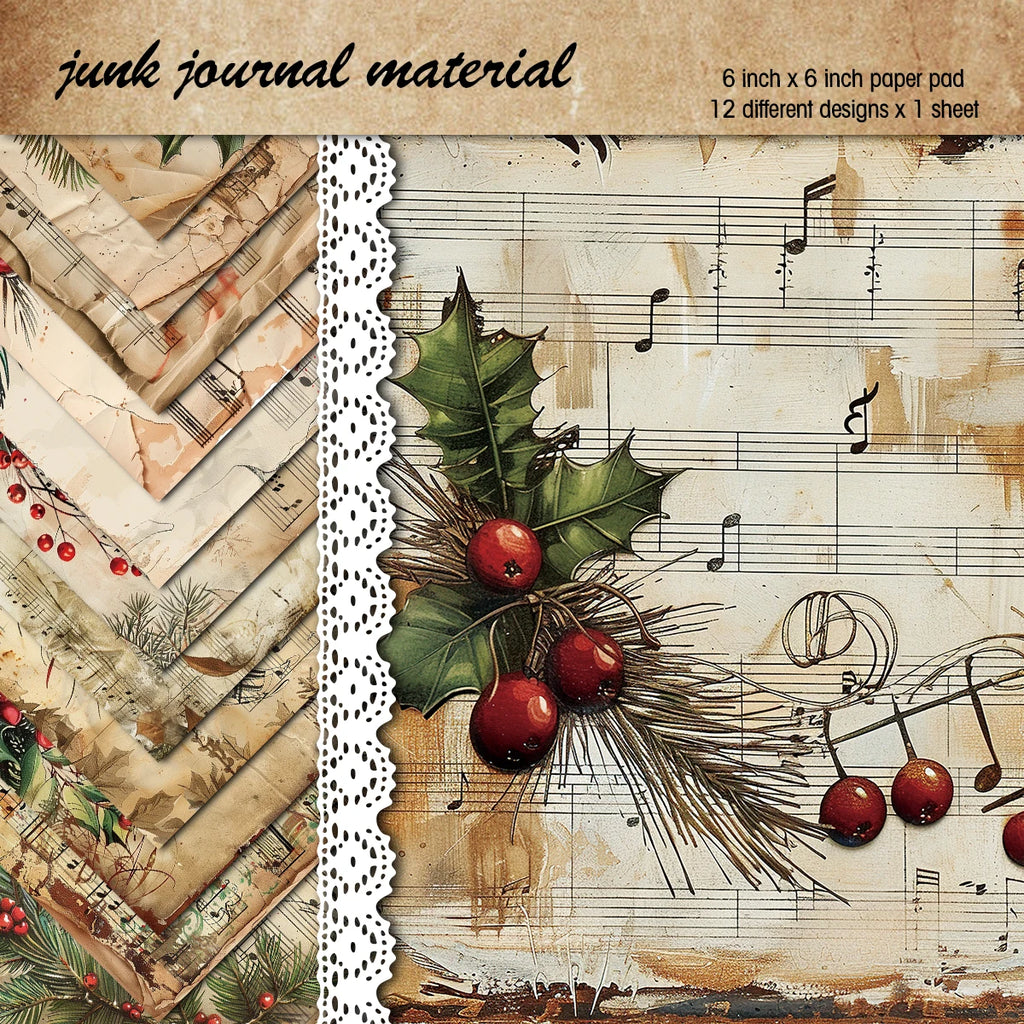 12pc Vintage Christmas Old Music Sheet Scrapbook Paper Set,Retro Christmas Collection Kit Paper for Junk Journal DIY Card Making
