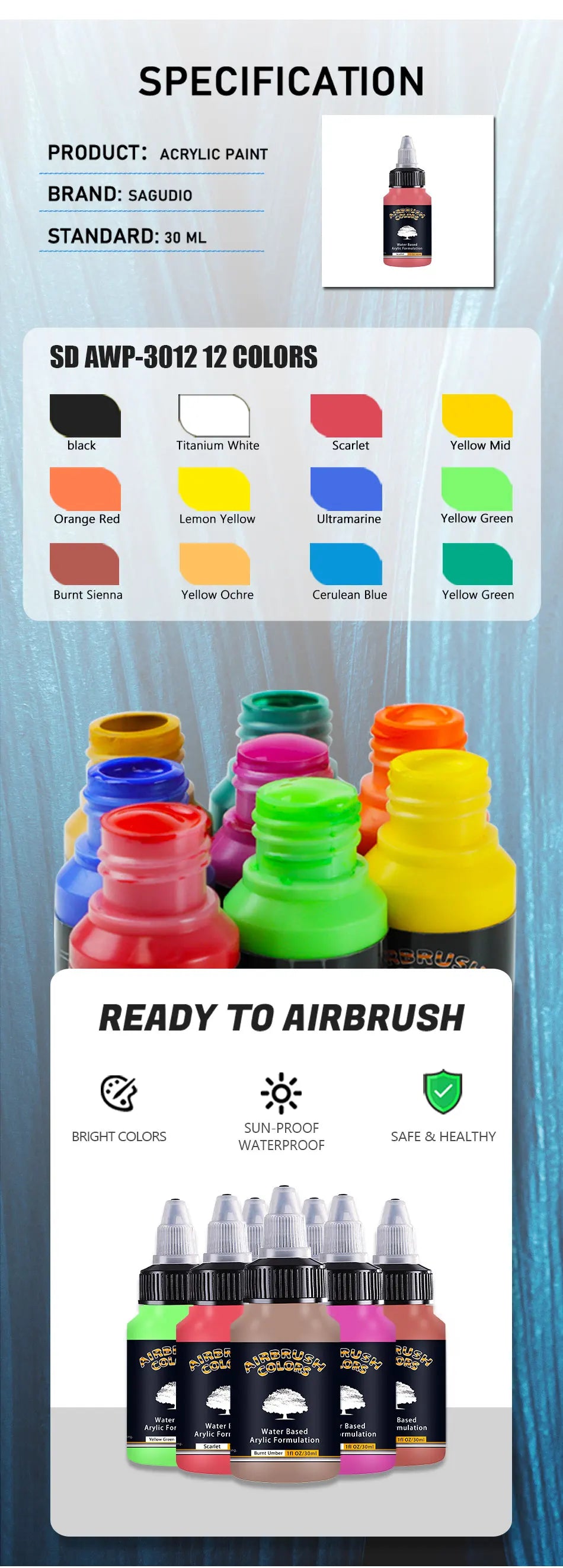 Acrylic Paint Set of 12 Colors 30ml Bottles Water Based Waterproof Ready to Airbrush for Model, Shoes, Wood,Fabric,Leather