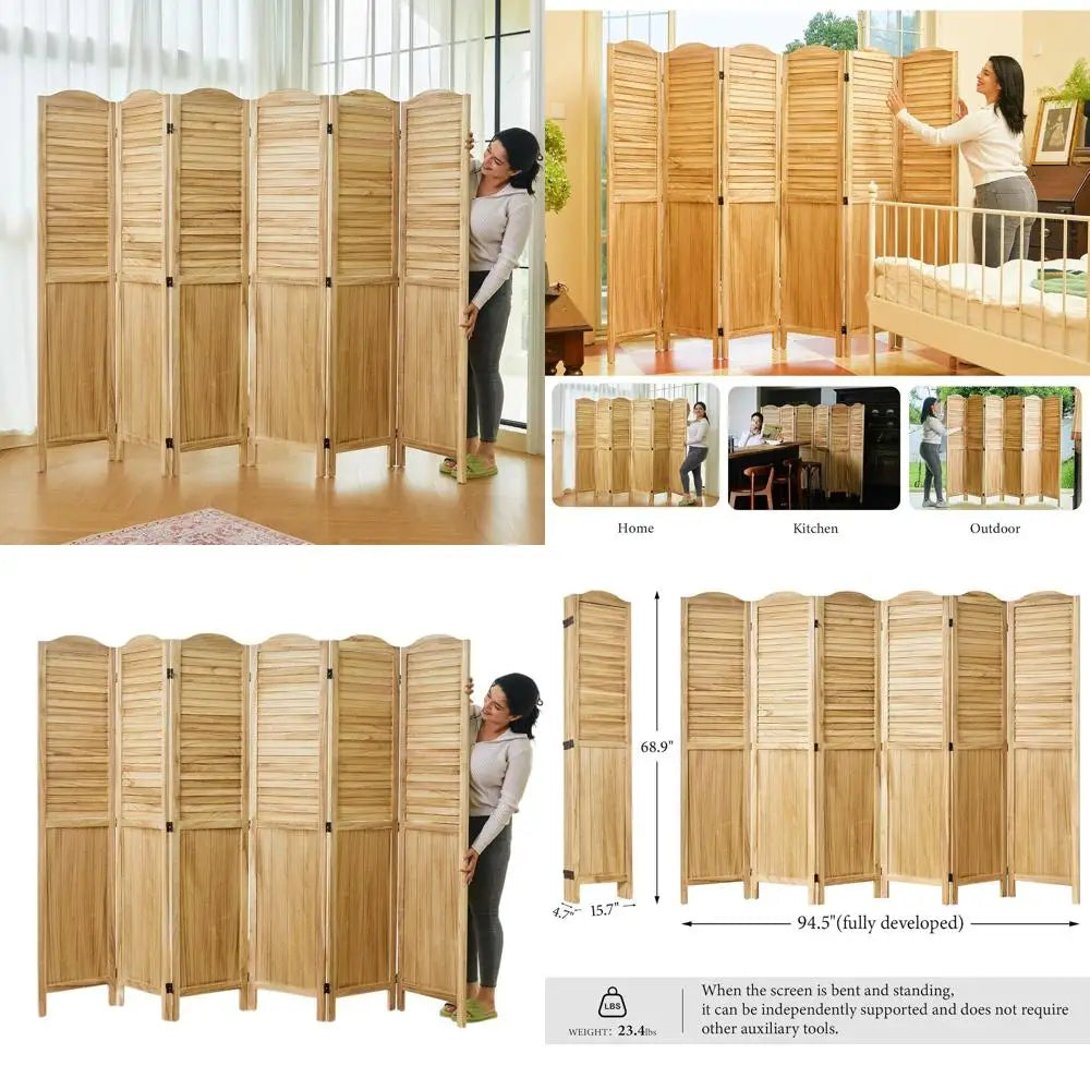 6-Panel Foldable Wooden & MDF Privacy Screens, 5.75 Ft Tall, Natural Finish, for Home Office and Bedroom