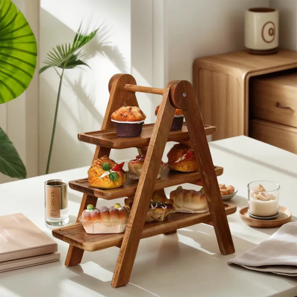 2Pcs Wooden Serving Platter 3 Tier Serving Tray Multi-Function Rectangular Serving Stand Cupcake Tiered Tray for Wedding Party