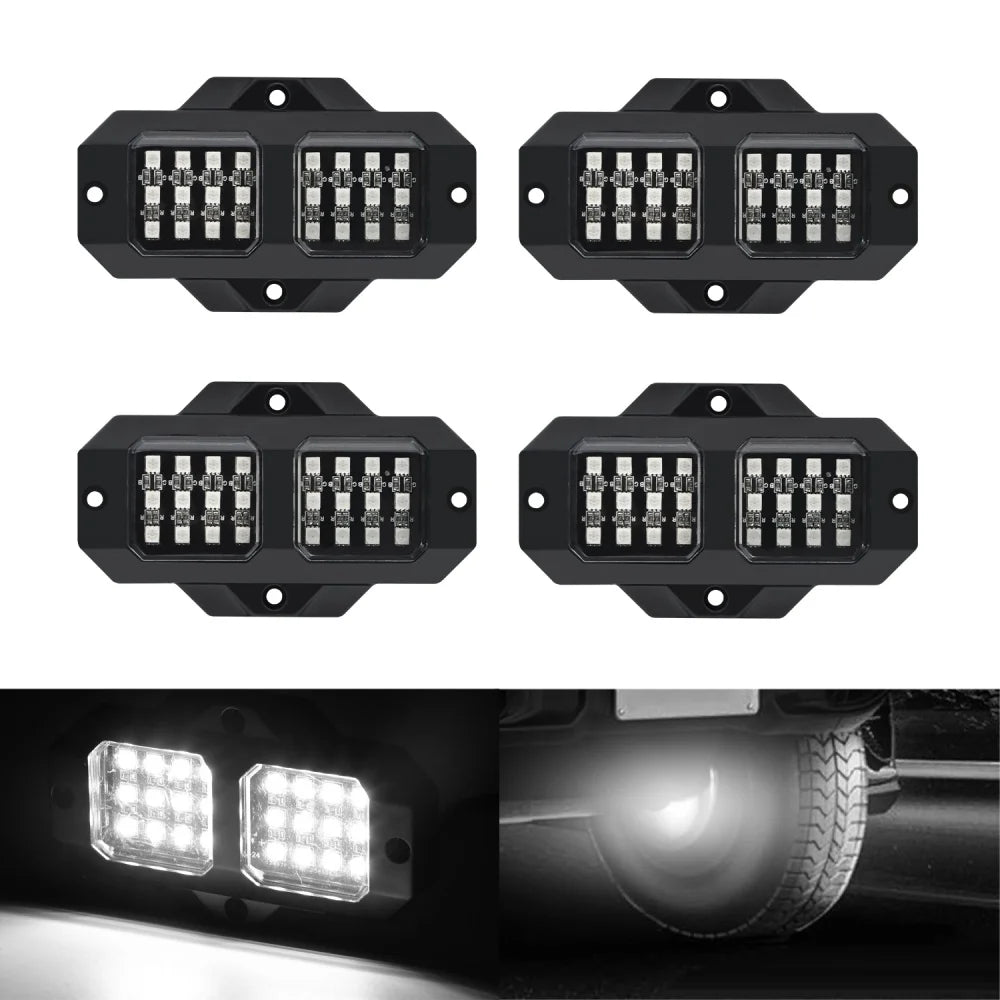 4Pcs White LED Rock Lights 6000K Car Underbody Lighting 12V Hardwired Driveway Lighting for Trucks, ATVs, UTVs, SUVs, Pickups