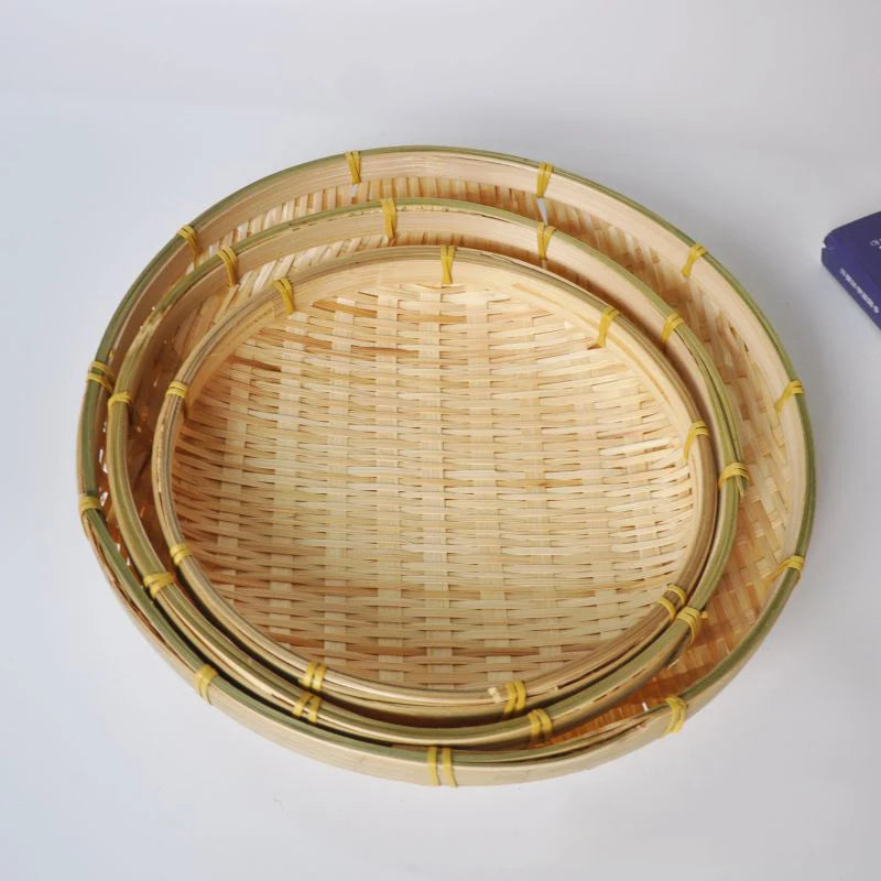 5Pcs Bamboo Basket Woven Fruit Dish Bread Tray for Dinner Serving Plate Handmade Round Sundries Container Kitchen Storage Tray