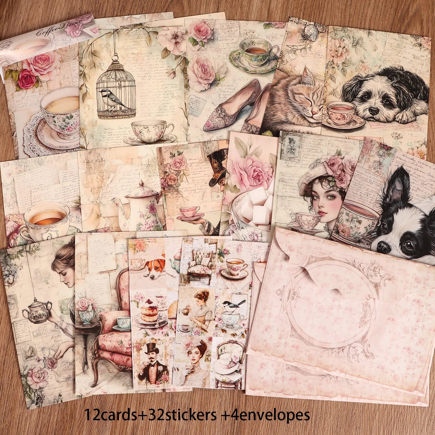 12cards, 4envelopes, 32stickers Victorian Floral Tea Double-sided Writable Thick Cardboard Set, for Scrapbooking, DIY Crafts