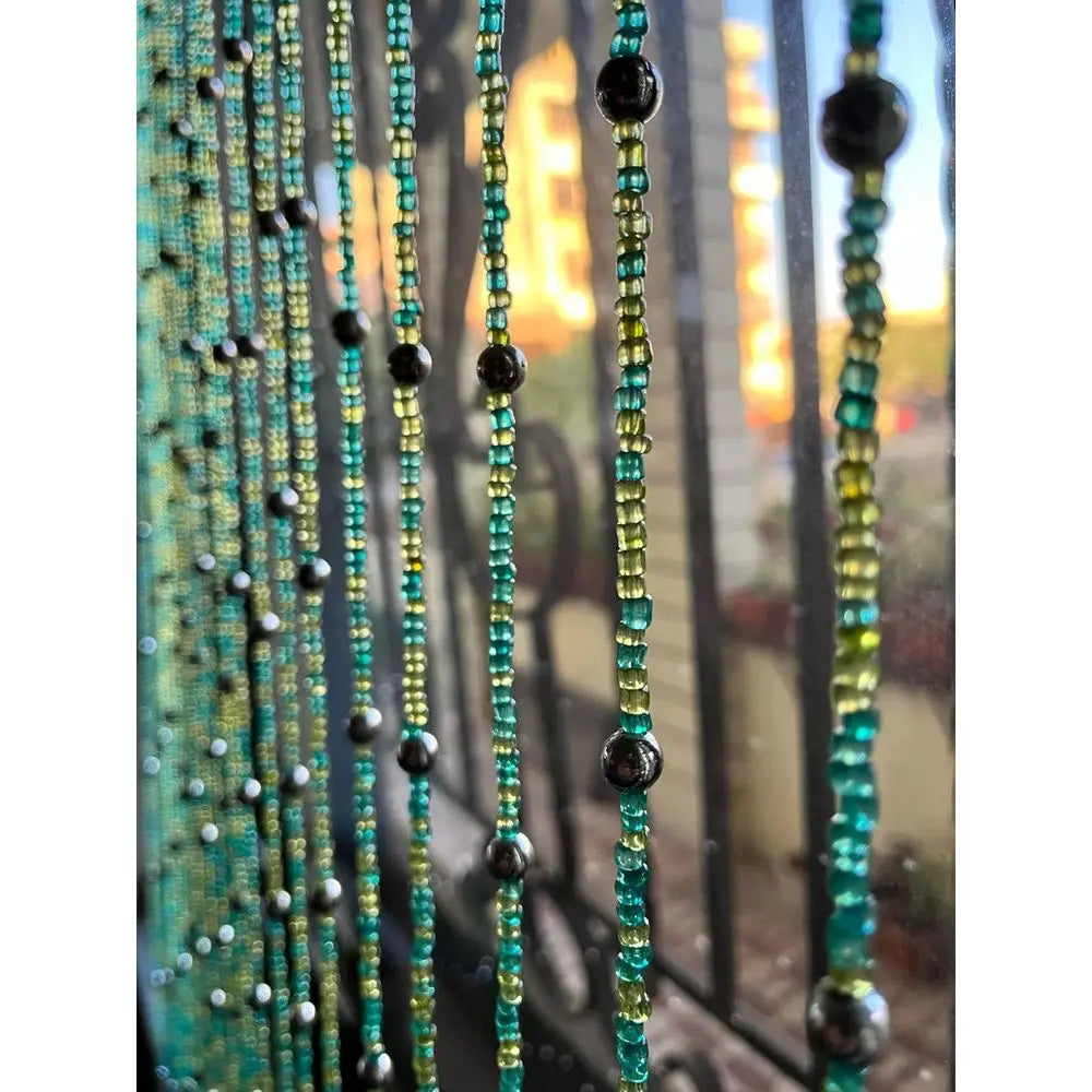 Green Bohemian Style Beaded Curtain, 76 Glass Beads for Doorways, Windows, and Room Decor