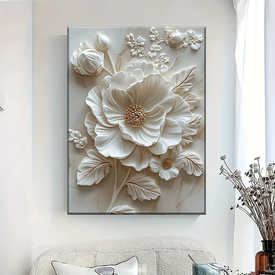 White Flower Pattern Wood Frame Canvas Murals Can Be Hung Directly Wall Mounted Decoration Suitable for HomeLiving Room