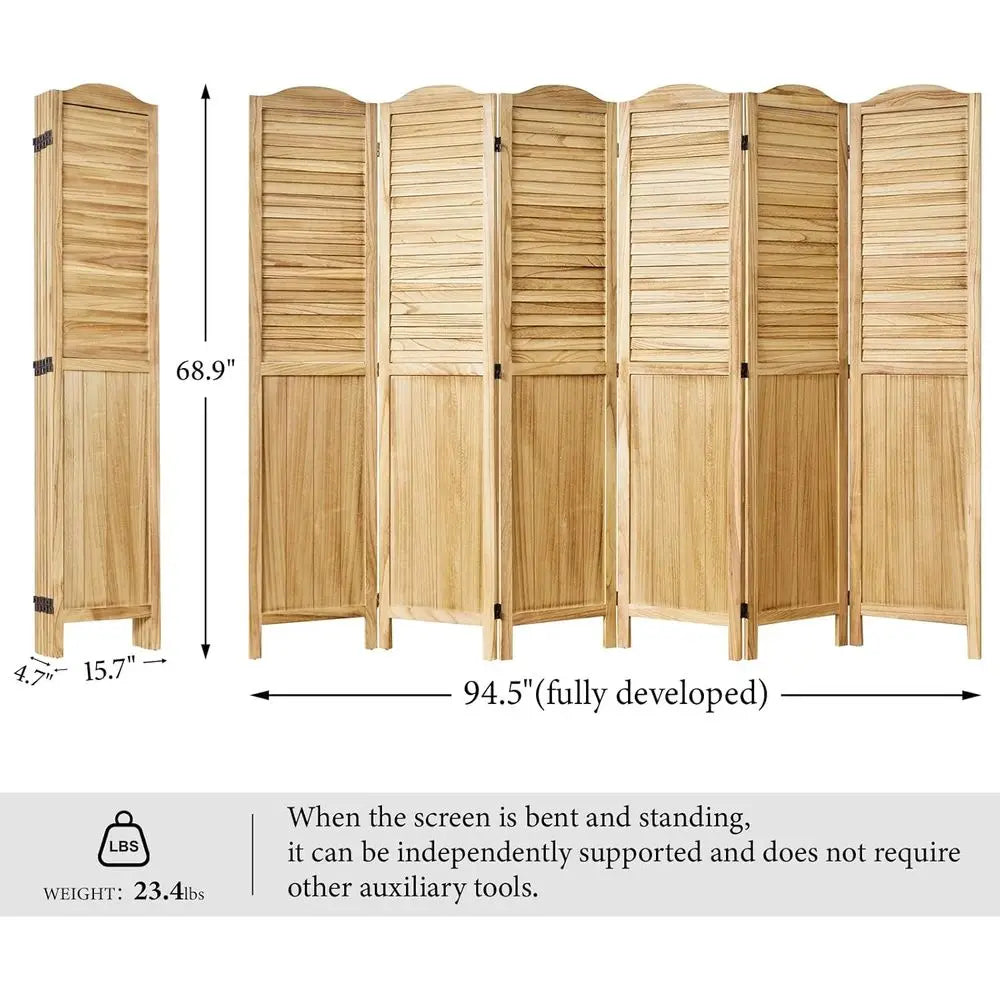 6-Panel Foldable Wooden & MDF Privacy Screens, 5.75 Ft Tall, Natural Finish, for Home Office and Bedroom