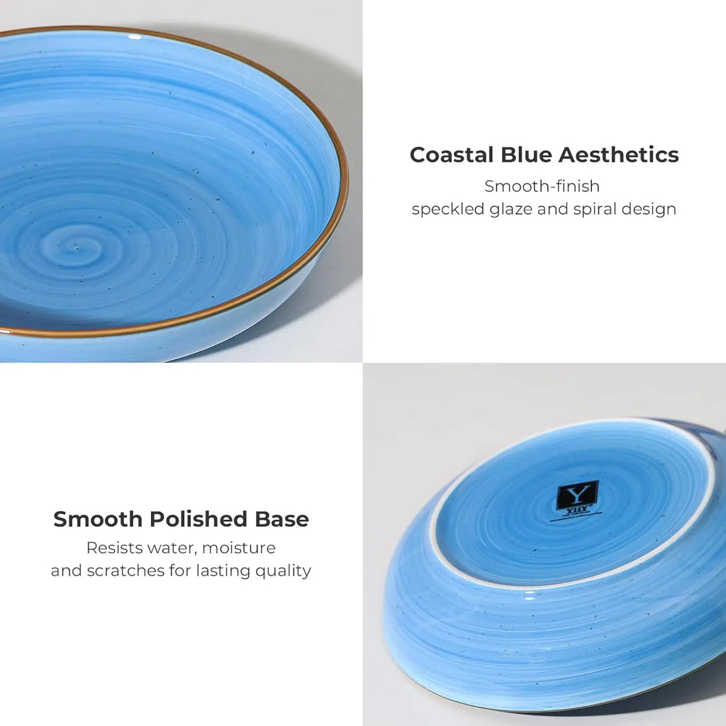 8.5'' Ceramic Pasta Bowls Set of 6, 30 oz Shallow Salad & Soup Bowls, Microwave & Dishwasher Safe Dinnerware in Gradient Blue