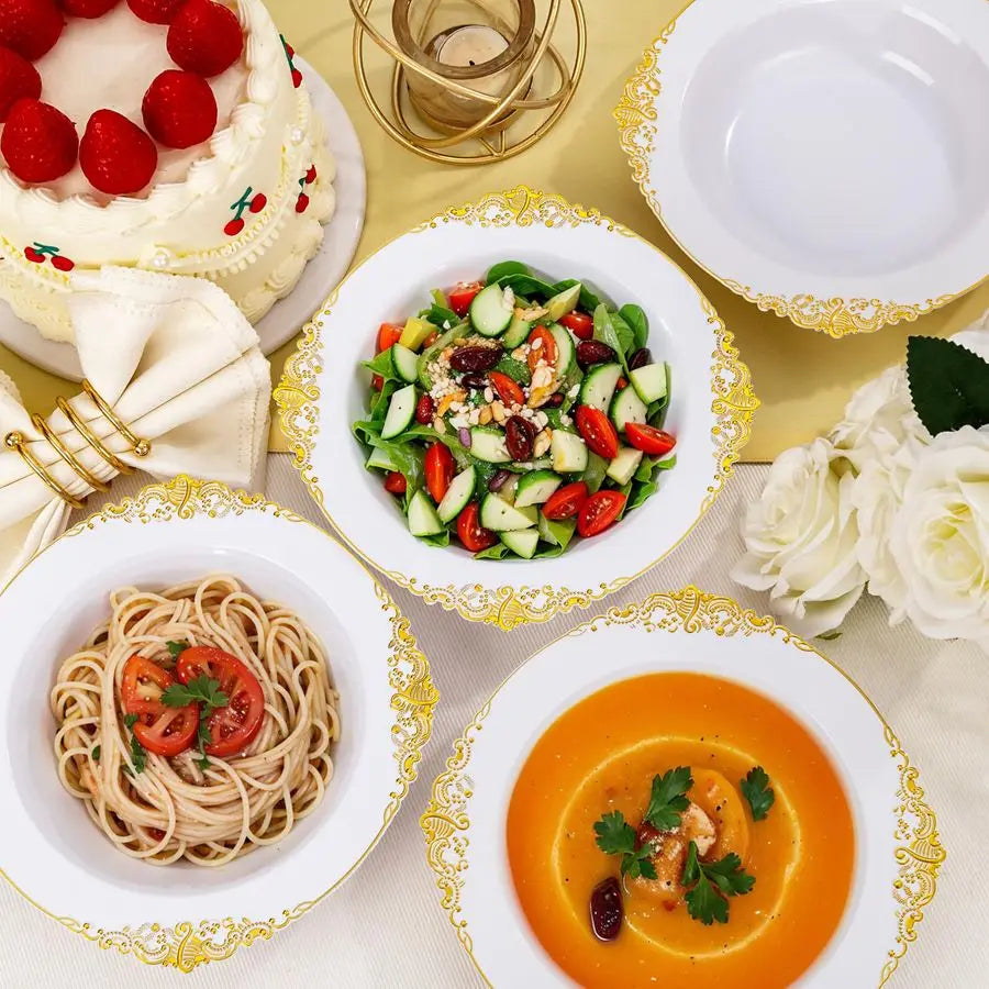 Gold Plastic Bowls 12 oz White Disposable Salad Bowls Heavy Duty Soup Serving Bowl Fancy Plastic Ice Cream Bowl for Parties, Din