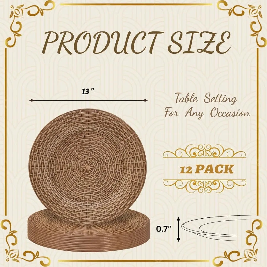 Faux Rattan Charger Plates Set of 12 Table Chargers for Dinner Plates 13" Round Brown Plate Chargers Plastic Charger for Table
