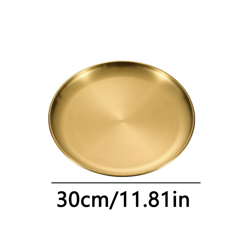 Kitchen Utensils With Shelves Gold Silver Stainless Steel Circular Plates Trays Shallow Bottom Rust Proof Plates Picnic Plate