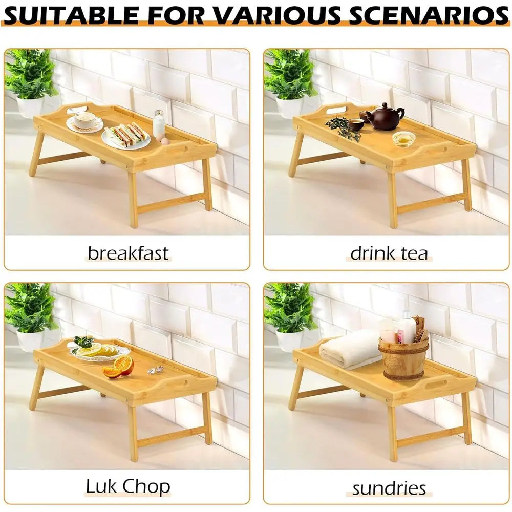 2 Pack Bamboo Bed Tray Table, Folding Legs and Handles, Breakfast Tray, Laptop Desk for Bed or Sofa, Serving Tray for Eating, Wo