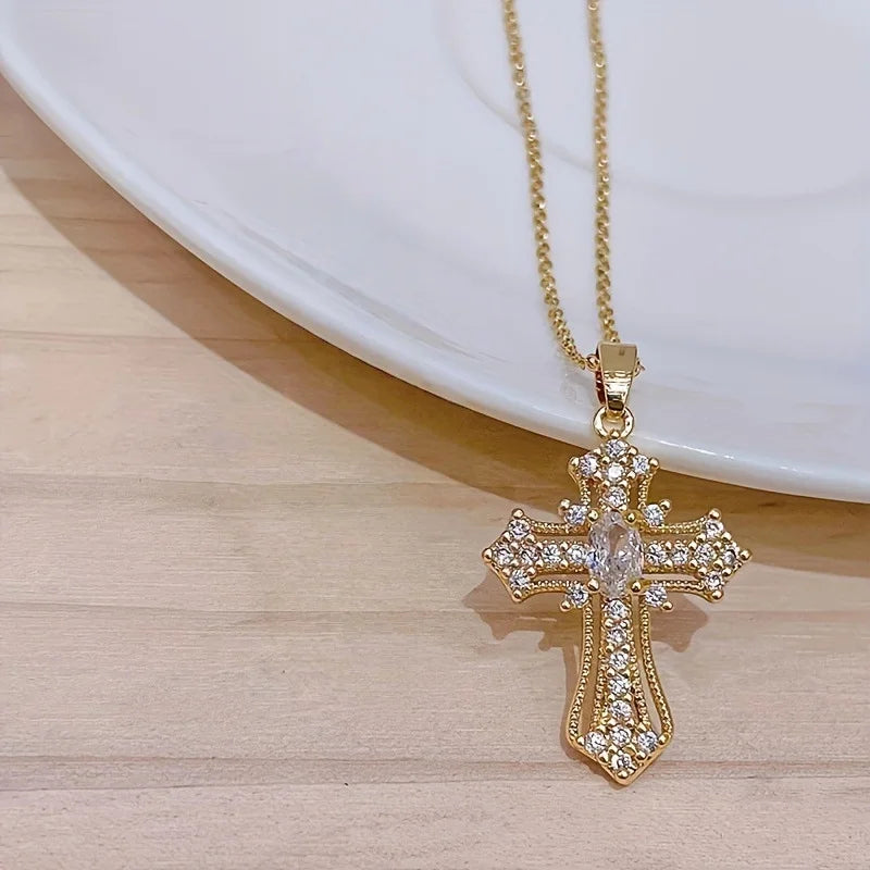 2025 New Gold color Cross Pendant Necklace (One Piece)  Religious  Style Jewelry Fashion Elegant Party Accessory